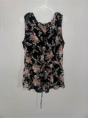 Pleione Black Floral Sleeveless Blouse Top L Large Peplum Tie Accent